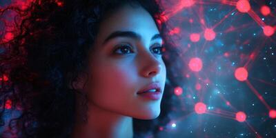 Young woman gazes thoughtfully against a vibrant network of red and blue lights at night photo