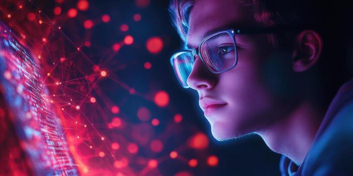 Young individual immersed in digital technology with glowing visuals at night photo