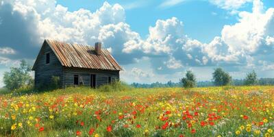 Beautiful rural landscape with colorful wildflowers and an old wooden house under a bright blue sky photo