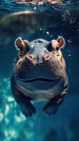 Curious hippopotamus swims underwater in clear blue water at a wildlife park during a sunny afternoon photo