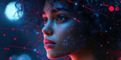 Young person with glowing facial patterns against a vibrant blue and red background during a futuristic setting photo