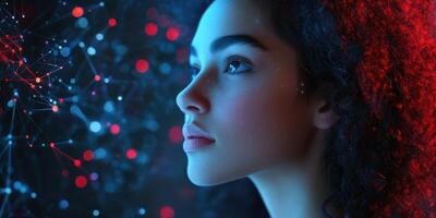 Young girl exploring data patterns against a vibrant digital backdrop in a futuristic setting photo