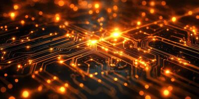 Illuminated circuit board with glowing connections showcasing technology and innovation at night photo
