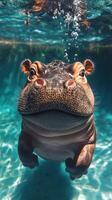Hippo swims gracefully underwater at a sunlit aquatic location showcasing its unique features and playful demeanor photo