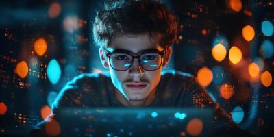 Focused teenager working on computer at night with glowing lights and digital effects surrounding him photo