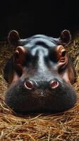 Close view of a hippo resting on straw in its enclosure at a wildlife sanctuary during the midday sun photo