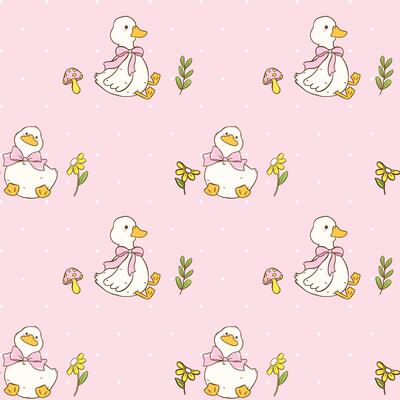 Cute Cottage Core Spring Seamless Pattern White Duck with Pink Bow Girly Cartoon wallpaper