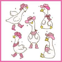 Cute Retro Cowgirl Silly Goose with hat and boots Cartoon Character Playful Western Geese Hand drawn Set vector