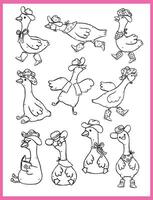 Cute Retro Cowgirl Silly Goose with hat and boots Outline Cartoon Playful Western Geese Minimal Line Hand drawn Set vector