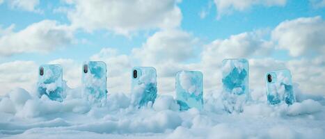 Frozen Smartphone Devices Surrounded by Clouds photo