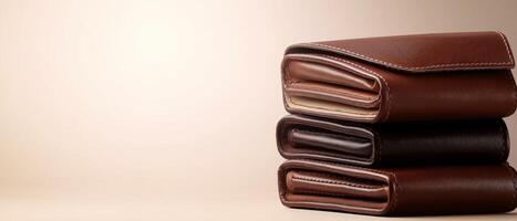Stacked Brown Leather Wallets Isolated On Beige photo