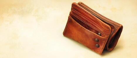 Empty Brown Leather Wallet On Cream photo
