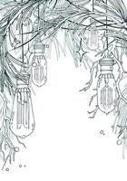 Retro Edison bulbs hanging with pine branches with stars and lights. Line art hand-drawn illustration in black and white ink. Template, frame, decorative framing EPS. Christmas New year vector