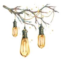 Retro Edison bulbs shine hanging on wires on a dry branch with sparkling stars. New Year, Christmas watercolor illustration hand drawn. Composition, sublimation, arrangement isolated from background vector