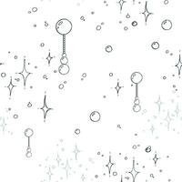 Pendants gold with beads of different sizes, scattering of sparkling stars. Christmas, New Year, winter Line art is a simple hand-drawn illustration in black and white ink. Seamless pattern EPS vector