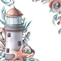 A marine lighthouse with algae, corals, shells and a starfish. Watercolor illustration. Templates from the collection of WHALES. For the design and decoration of prints, posters, stickers, postcards vector