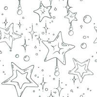 Golden stars Christmas toys with beads of different sizes, sparkling stars. Christmas, New Year, winter Line art is a simple hand-drawn illustration in black and white ink. Seamless pattern EPS vector