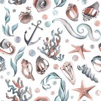 Various broken seashells and starfish on a white background. Watercolor illustration. Seamless pattern from the collection of WHALES. For fabric textiles, wallpaper, packaging beach and summer prints vector