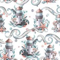 A marine lighthouse with whales, algae and shells. Watercolor illustration. Seamless pattern. For the design and decoration of posters, stickers, beach and summer prints vector