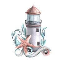 A marine lighthouse with algae, a starfish, shells and a wave of water. Watercolor illustration. Composition of a large set of WHALES. For decoration and design of the beach, summer, travel. vector
