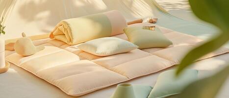 Pastel Bedding With Pillows And Blanket photo