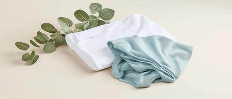Folded Towels With Eucalyptus Branch photo