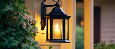 Outdoor Wall Lantern With Glowing Candle photo