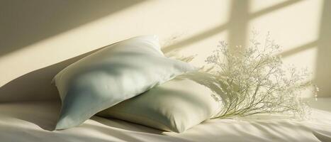Two Pillows With Flowers On Bed photo