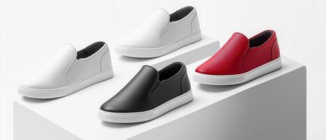 Four Slip-On Shoes On Display Podium photo