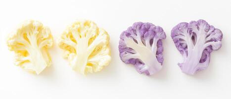 Colorful Cauliflower Florets, White Background, Slices photo