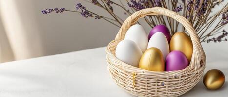 Easter Eggs In Basket With Lavender photo