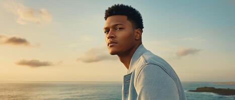 Pensive Young Man Ocean View photo