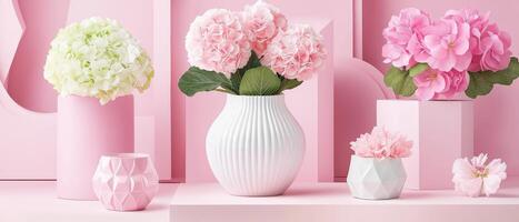 Hydrangeas In Vases On Pink Background photo