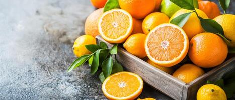 Assortment Of Citrus Fruits In Wood Crate photo