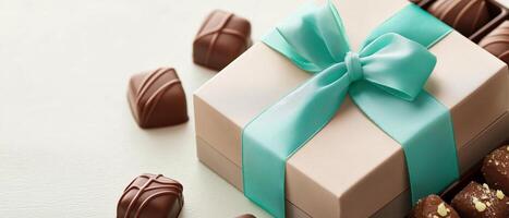 Box Of Chocolates With Turquoise Ribbon photo