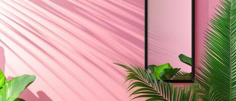 Tropical Leaves On Pink Wall With Mirror photo
