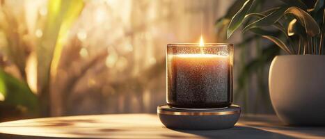 Candle With Plant On Table photo