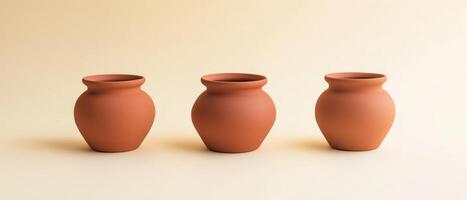 Three Clay Pots on Neutral Background photo