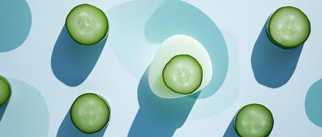 Cucumber Slices On Blue Surface With Drops photo