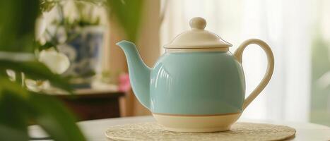 Turquoise Tea Pot On Wicker Mat photo