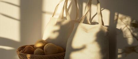 Cotton Tote Bags With Basket Of Bread photo