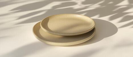 Two Beige Plates With Leaf Shadows photo