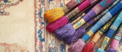 Colorful Embroidery Floss On Fabric Surface photo