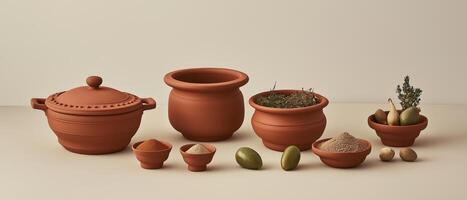 Earthenware Pottery Bowls And Pots Still Life photo