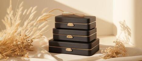 Stacked Black Boxes With Beige Decor photo