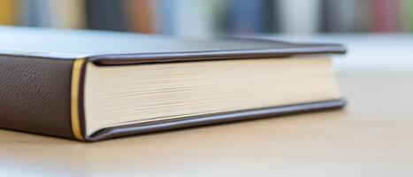 Closed Book Stacked on Wooden Table photo