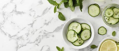 Cucumber Salad With Mint On Marble photo