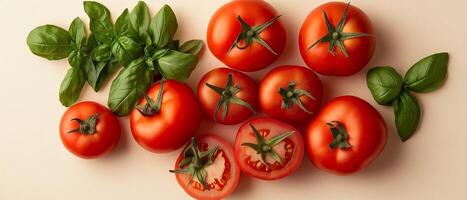 Fresh Tomatoes And Basil On Beige photo