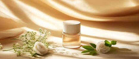 Perfume Bottle With White Flowers photo