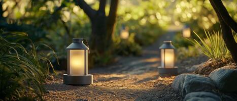Illuminated Path with Garden Lanterns at Dusk photo